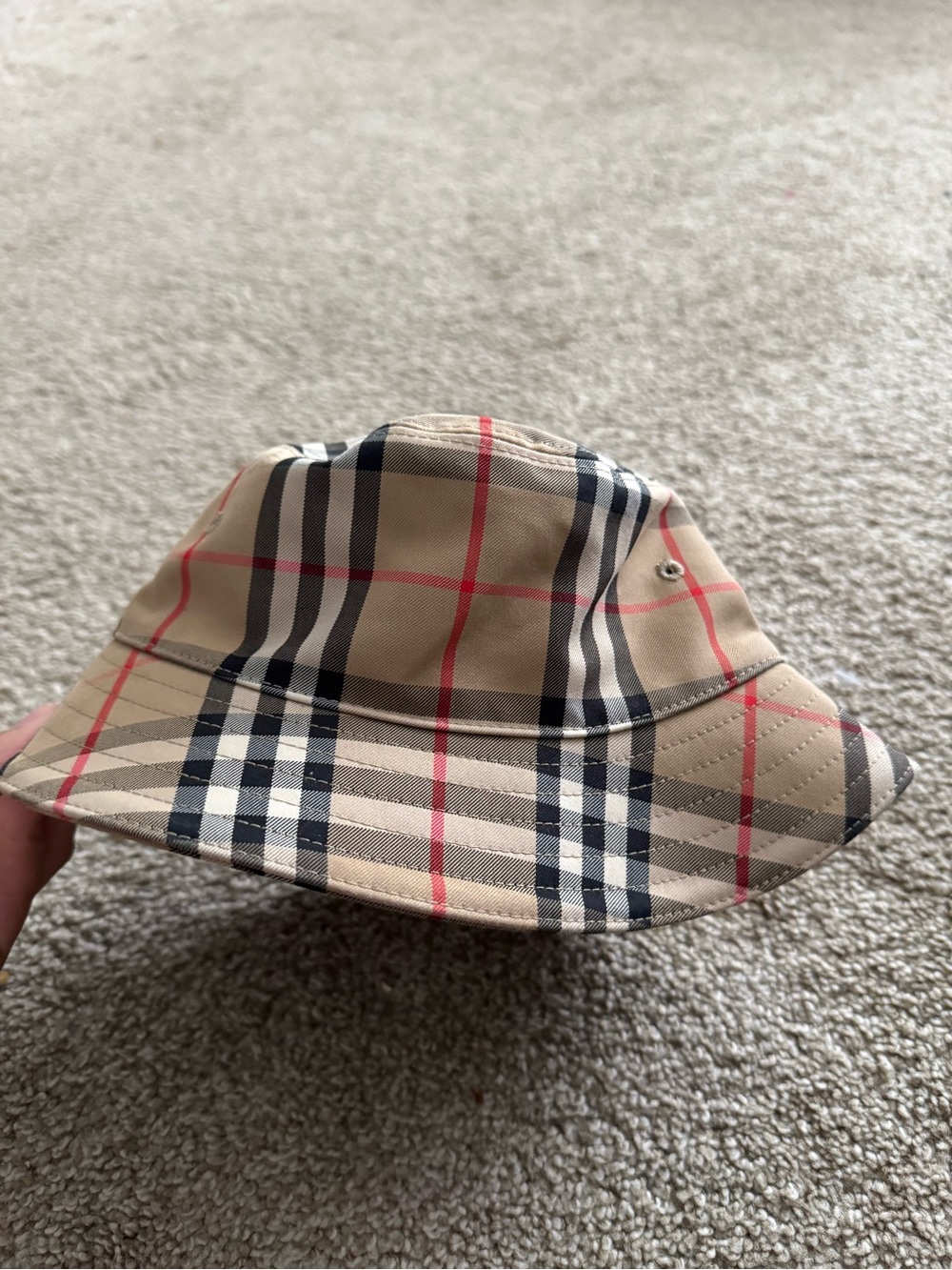 Burberry Beige Plaid Kids Bucket Hat with Black & Red Accents